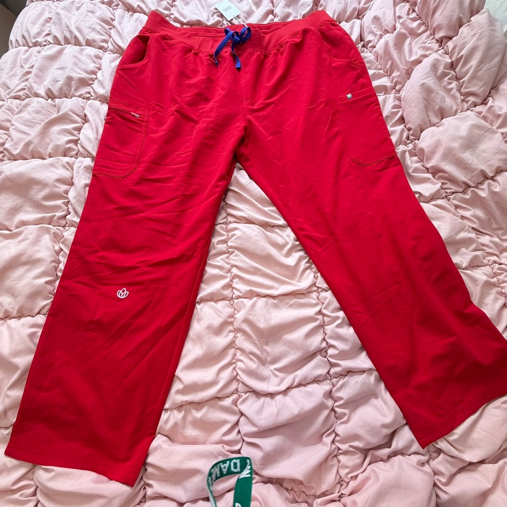 FIGS Yola Scrub Pants Womens 5XLR Red High Waist Wide Leg Embroidered Design NWT